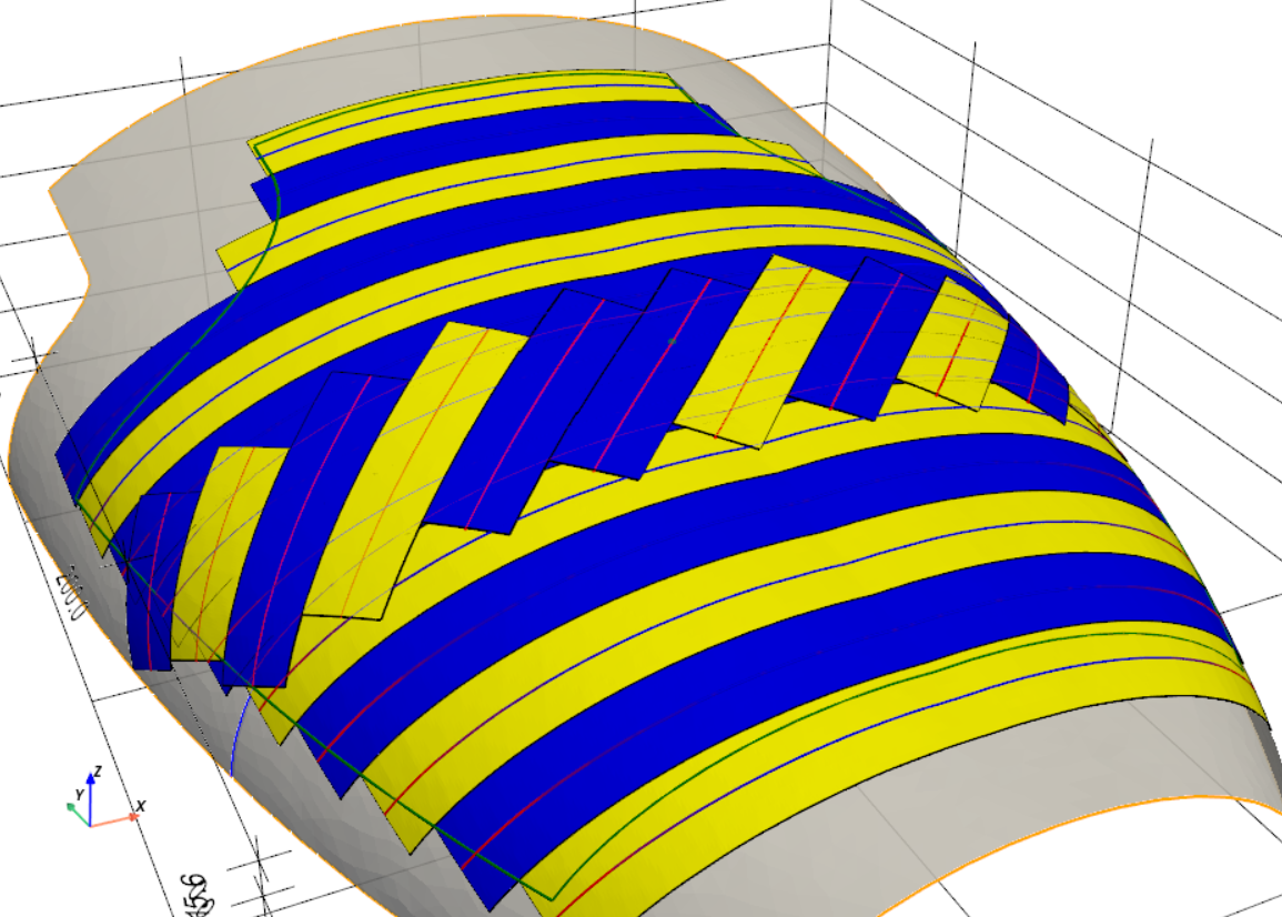 Simulated tape placement course layout over a double-curved mold surface