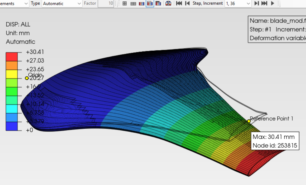 Structural simulation of a composite UAV propeller blade showing displacement contours
