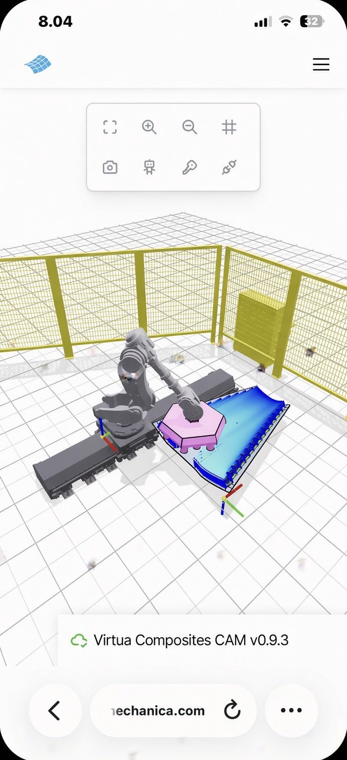 Virtua Composites CAM application running directly in a mobile browser, showing a robot cell and ply geometry
