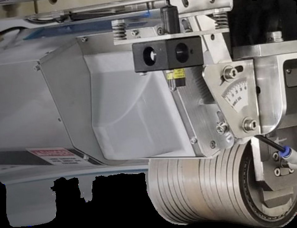 Close-up of an AFP head with in-process laser inspection sensors